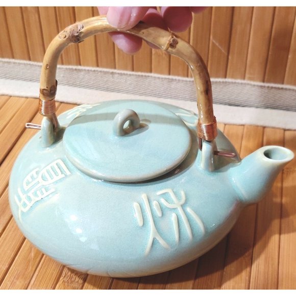 Vintage Mint Green Teapot Asian Japanese Chinese Archaic Calligraphy Writing - Picture 1 of 12